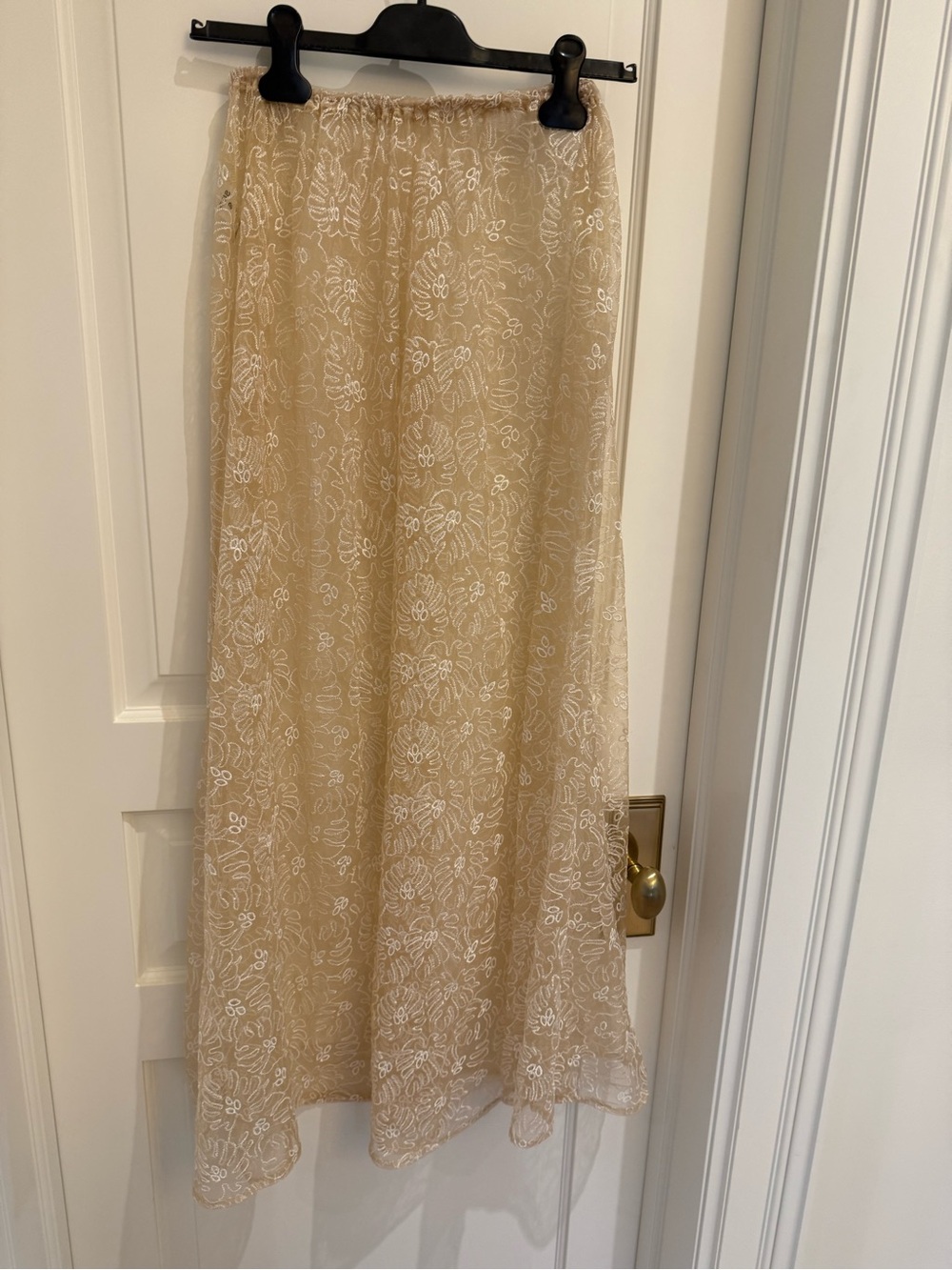 Beige Floral Lace Maxi Skirt with Elastic Waist
